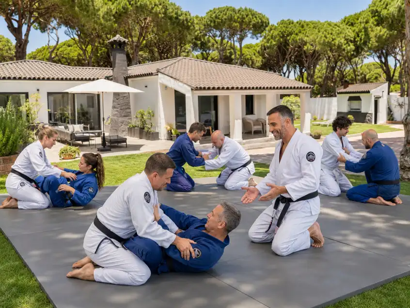 Jiu-Jitsu-Training auf Matten im Garten