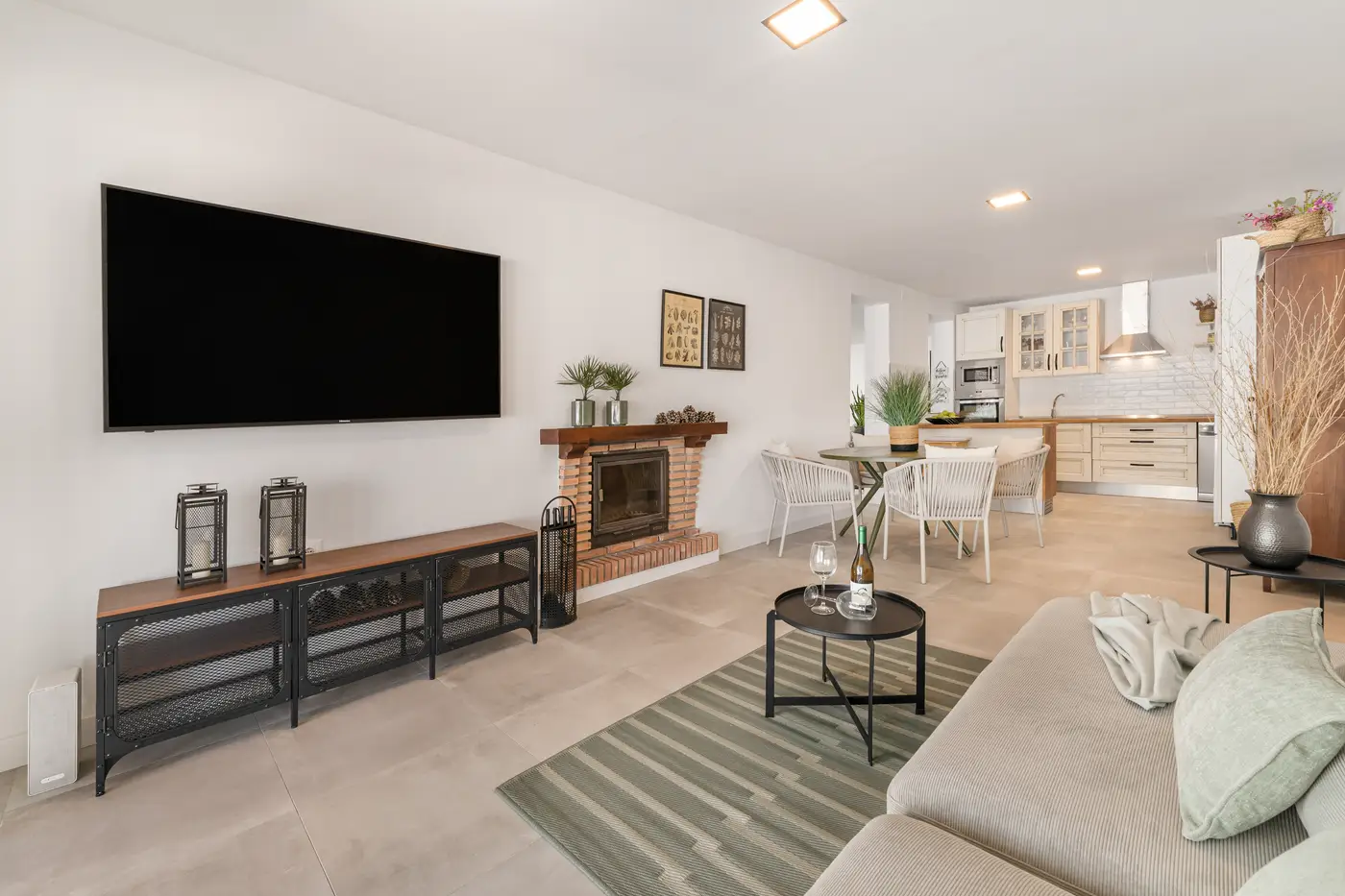 Living and dining area with fireplace