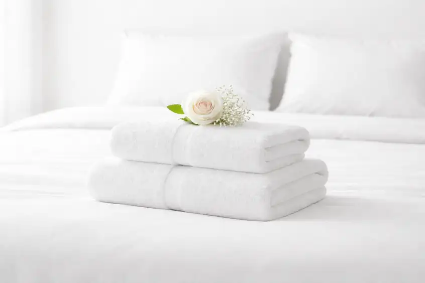 Frische Handtücher auf frisch bezogenem Bett