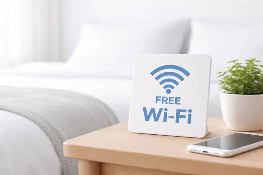 Free-Wifi-Schild auf einem Nachttisch